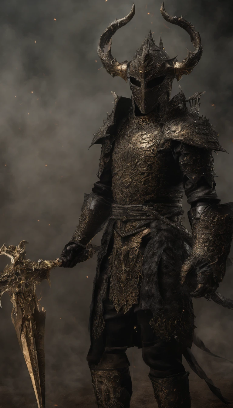 warrior, concept-art, Fantasy art, battleground background, clean render, a horned, Wear a suit of armor, Detailed bushido form smoke, helmet of a forgotten deity, character is standing, 8k Realistic, in game render, detailed face background detail, Art station front page, taur, Pseudo-medieval fantasy, A deity wearing koi armor, detailed bronze armor, Bronze armor, golden etched armor, gold obsidian armor, Light gold armor, Gorgeous filigree armor, A demonic warrior, Gorgeous armor full of thorns, Intricate assasin armor, Intricate metal armor, powerful warrior, Dressed in gorgeous gold armor,Decorated with intricate patterns, The helmet has a large crown and two horns,Glowing red eyes, Everything is in the dark, The smoky background alludes to battle scenes, Add an ominous aura to his character,submission, Full body shot.