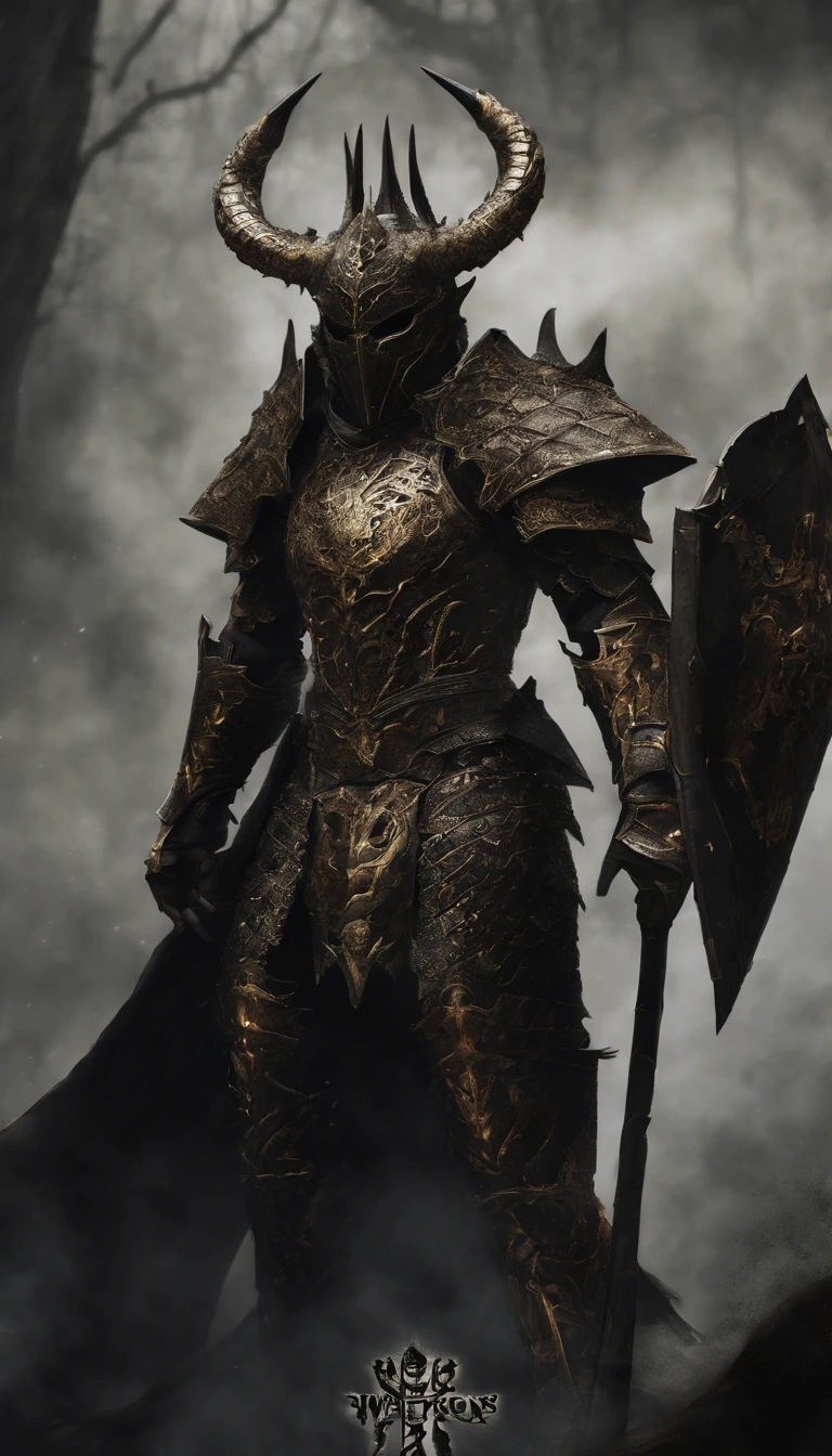 warrior, concept-art, Fantasy art, battleground background, clean render, a horned, Wear a suit of armor, Detailed bushido form smoke, helmet of a forgotten deity, character is standing, 8k Realistic, in game render, detailed face background detail, Art station front page, taur, Pseudo-medieval fantasy, A deity wearing koi armor, detailed bronze armor, Bronze armor, golden etched armor, gold obsidian armor, Light gold armor, Gorgeous filigree armor, A demonic warrior, Gorgeous armor full of thorns, Intricate assasin armor, Intricate metal armor, powerful warrior, Dressed in gorgeous gold armor,Decorated with intricate patterns, The helmet has a large crown and two horns,Glowing red eyes, Everything is in the dark, The smoky background alludes to battle scenes, Add an ominous aura to his character,submission, Full body shot.
