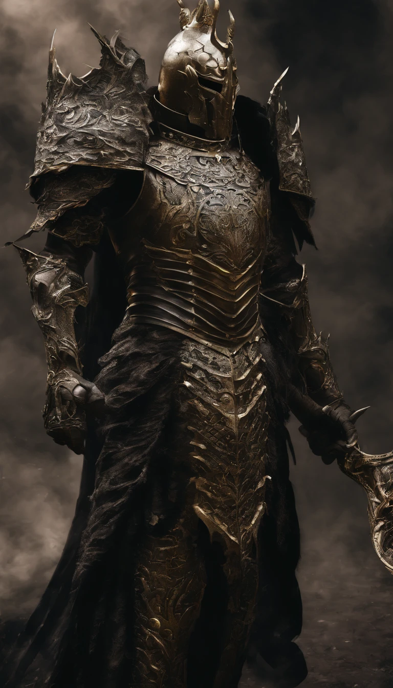 warrior, concept-art, Fantasy art, battleground background, clean render, a horned, Wear a suit of armor, Detailed bushido form smoke, helmet of a forgotten deity, character is standing, 8k Realistic, in game render, detailed face background detail, Art station front page, taur, Pseudo-medieval fantasy, A deity wearing koi armor, detailed bronze armor, Bronze armor, golden etched armor, gold obsidian armor, Light gold armor, Gorgeous filigree armor, A demonic warrior, Gorgeous armor full of thorns, Intricate assasin armor, Intricate metal armor, powerful warrior, Dressed in gorgeous gold armor,Decorated with intricate patterns, The helmet has a large crown and two horns,Glowing red eyes, Everything is in the dark, The smoky background alludes to battle scenes, Add an ominous aura to his character,submission, Full body shot.