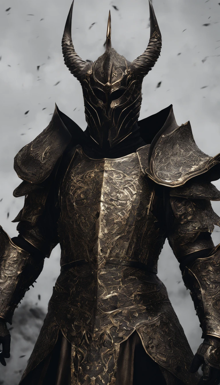 warrior, concept-art, Fantasy art, battleground background, clean render, a horned, Wear a suit of armor, Detailed bushido form smoke, helmet of a forgotten deity, character is standing, 8k Realistic, in game render, detailed face background detail, Art station front page, taur, Pseudo-medieval fantasy, A deity wearing koi armor, detailed bronze armor, Bronze armor, golden etched armor, gold obsidian armor, Light gold armor, Gorgeous filigree armor, A demonic warrior, Gorgeous armor full of thorns, Intricate assasin armor, Intricate metal armor, powerful warrior, Dressed in gorgeous gold armor,Decorated with intricate patterns, The helmet has a large crown and two horns,Glowing red eyes, Everything is in the dark, The smoky background alludes to battle scenes, Add an ominous aura to his character,submission, Full body shot.