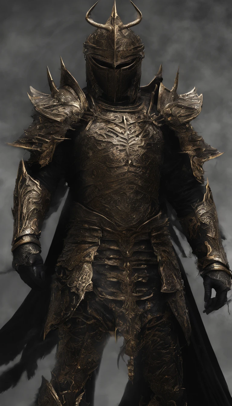 warrior, concept-art, Fantasy art, battleground background, clean render, a horned, Wear a suit of armor, Detailed bushido form smoke, helmet of a forgotten deity, character is standing, 8k Realistic, in game render, detailed face background detail, Art station front page, taur, Pseudo-medieval fantasy, A deity wearing koi armor, detailed bronze armor, Bronze armor, golden etched armor, gold obsidian armor, Light gold armor, Gorgeous filigree armor, A demonic warrior, Gorgeous armor full of thorns, Intricate assasin armor, Intricate metal armor, powerful warrior, Dressed in gorgeous gold armor,Decorated with intricate patterns, The helmet has a large crown and two horns,Glowing red eyes, Everything is in the dark, The smoky background alludes to battle scenes, Add an ominous aura to his character,submission, Full body shot.