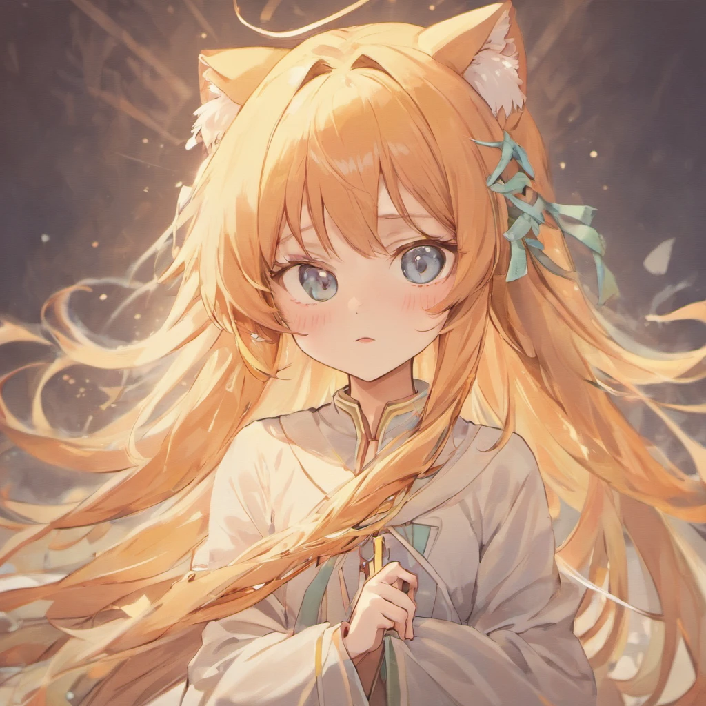 MALE, asian baby BOY, beautiful BOY, extremely long silky peach-colored hair intermixes with a lot of loose braids, super long bang that can nearly cover all the face, the tail of the hair has peacock's tail pattern, elf ears, dark pink sharp cat-eyes with light blue shade, white eye's pupils, soft and thin lips, white and soft skin