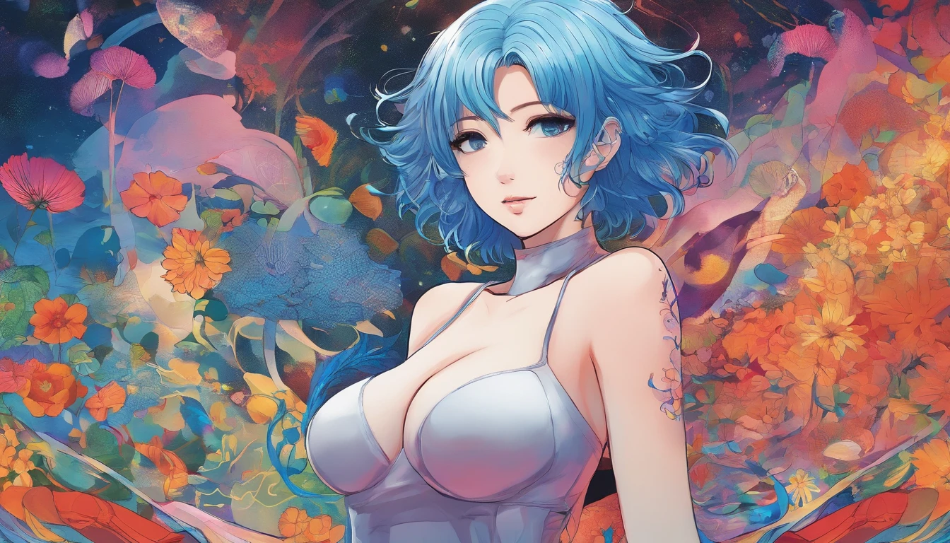 (best quality,highres,ultra-detailed),a beautiful woman with blue hair wearing a tight-fitting dress, large breasts with visible cleavage and her underwear is visible, holding a male sex organ in one hand, vibrant colors, soft lighting, erotic art style