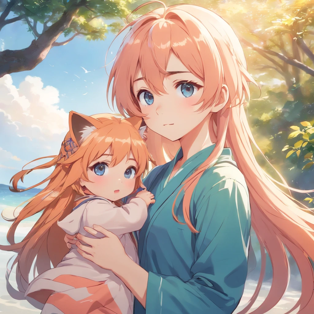 MALE, asian baby BOY, beautiful BOY, extremely long silky peach-colored hair intermixes with a lot of loose braids, super long bang that can nearly cover all the face, the tail of the hair has peacock's tail pattern, elf ears, dark pink sharp cat-eyes with light blue shade, white eye's pupils, soft and thin lips, white and soft skin