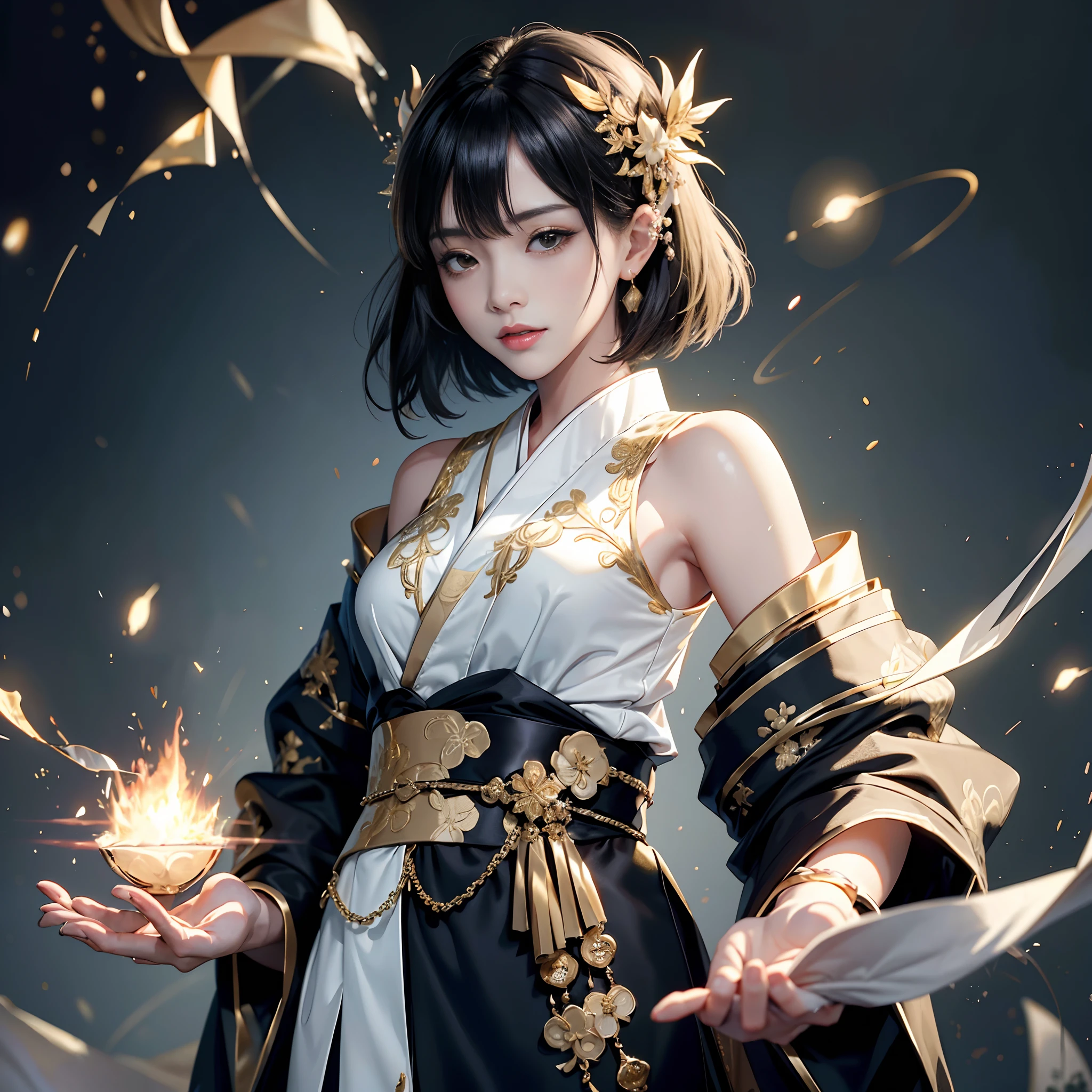 (rokoko:1.5),Background of details(Exploding Cities),BREAK ,elaborate costume(Luxury kimono(Black kimono(detailed embroidery(blanche,golds)))),BREAK,(1 Beautiful and classy adult woman(Shy smile:1.2)(Japanese actressl:1.2)(A dark-haired(short-hair:1.2))),(eye glass(four corners:1.2)),(It's firing magic:1.5),BREAK,Wallpapers 16K,Blur the background,)(masutepiece,Best Quality,Portrait photos):1.5),full body Esbian