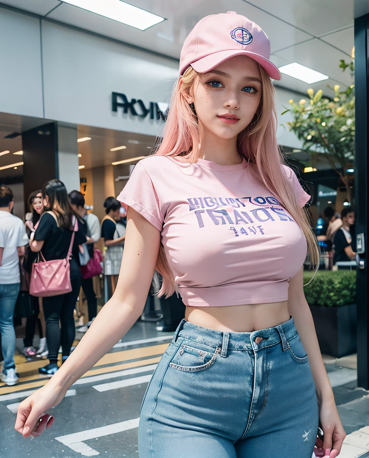 1girl, (Blue eyes), (Smile), (Sana Minatozaki), wide hips, Big Boobs, big ass, (Best Quality, 8k, Masterpiece: 1.3), perfect hands, Clear Focus: 1.2, Perfect Body Beauty: 1.4 , Slender Abs: 1.2, Highly detailed face and skin texture, detailed eyes, double eyelids, (pink makeup :1.1), (blonde long hair :1.2), (hot pink t-shirt), jeans, (pink sports cap), standing, dynamic pose, in a shopping center