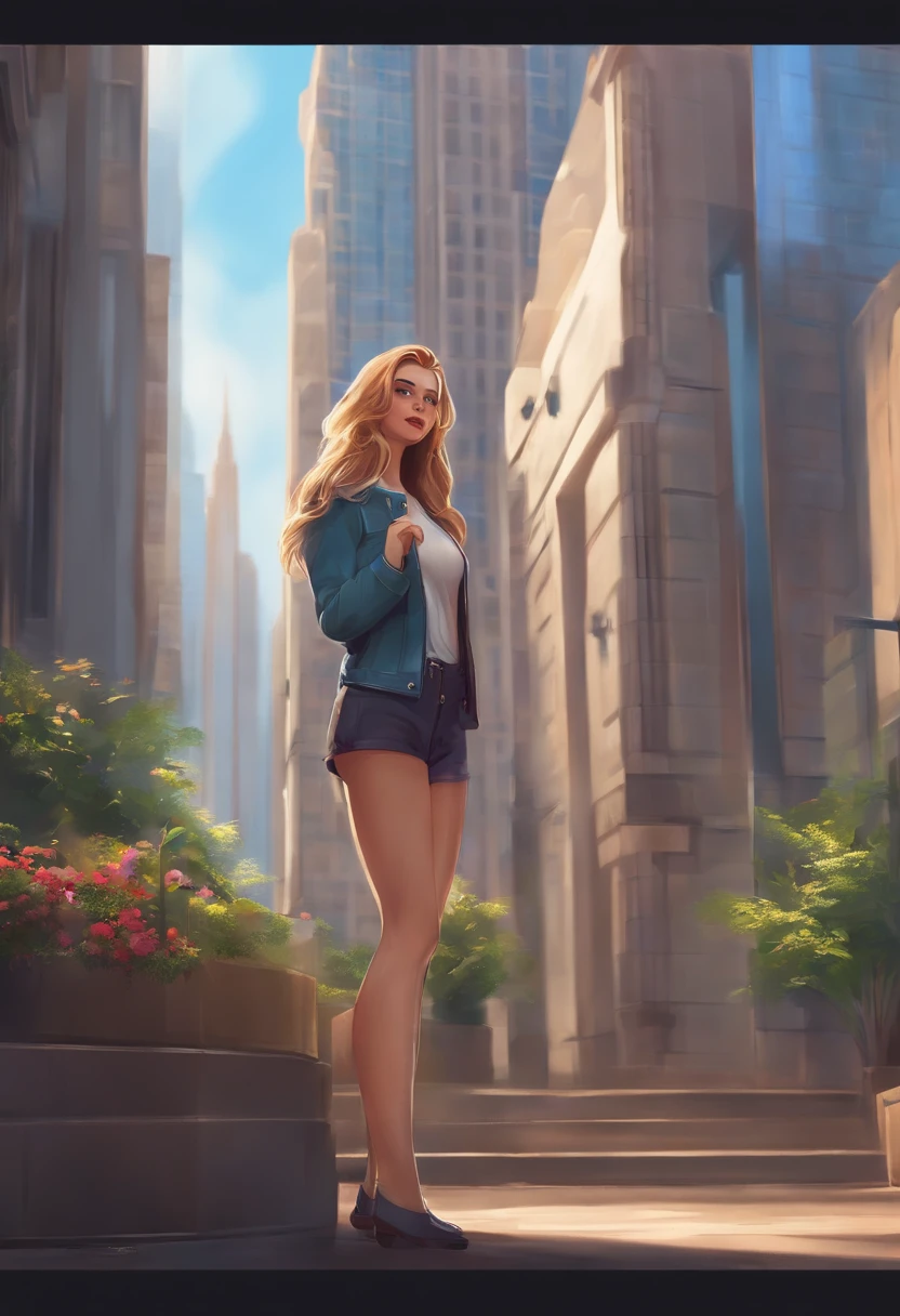 A two-dimensional girl,There are 14-15 years old,There are buildings around,She's taller than a building,The breasts are very big, big, big, big, big