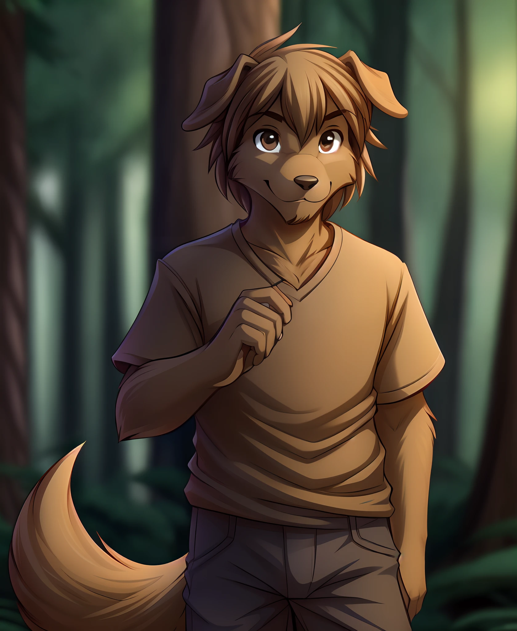 evals-twokinds, twokinds, by tom_fischbach,, (best quality, masterpiece:1), solo, furry male anthro, brown eyes, short hair, brown hair, portrait, fingers, finger claws, looking at viewer, wolf , dog tail, floppy ears (outdoors dark forest trees blurry blurred background:1.1), brown shirt, brown pants