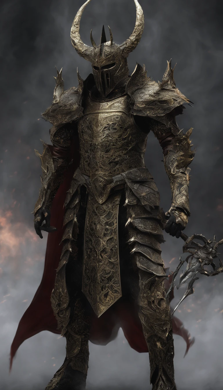 warrior, concept-art, Fantasy art, battleground background, clean render, a horned, Wear a suit of armor, Detailed bushido form smoke, helmet of a forgotten deity, character is standing, 8k Realistic, in game render, detailed face background detail, Art station front page, taur, Pseudo-medieval fantasy, A deity wearing koi armor, detailed bronze armor, Bronze armor, golden etched armor, gold obsidian armor, Light gold armor, Gorgeous filigree armor, A demonic warrior, Gorgeous armor full of thorns, Intricate assasin armor, Intricate metal armor, powerful warrior, Dressed in gorgeous gold armor,Decorated with intricate patterns, The helmet has a large crown and two horns,Glowing red eyes, Everything is in the dark, The smoky background alludes to battle scenes, Add an ominous aura to his character,submission, Full body shot.