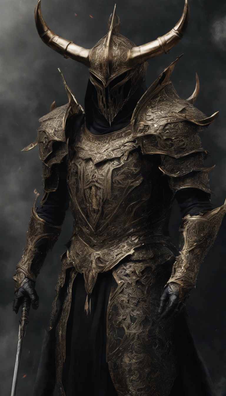 warrior, concept-art, Fantasy art, battleground background, clean render, a horned, Wear a suit of armor, Detailed bushido form smoke, helmet of a forgotten deity, character is standing, 8k Realistic, in game render, detailed face background detail, Art station front page, taur, Pseudo-medieval fantasy, A deity wearing koi armor, detailed bronze armor, Bronze armor, golden etched armor, gold obsidian armor, Light gold armor, Gorgeous filigree armor, A demonic warrior, Gorgeous armor full of thorns, Intricate assasin armor, Intricate metal armor, powerful warrior, Dressed in gorgeous gold armor,Decorated with intricate patterns, The helmet has a large crown and two horns,Glowing red eyes, Everything is in the dark, The smoky background alludes to battle scenes, Add an ominous aura to his character,submission, Full body shot.