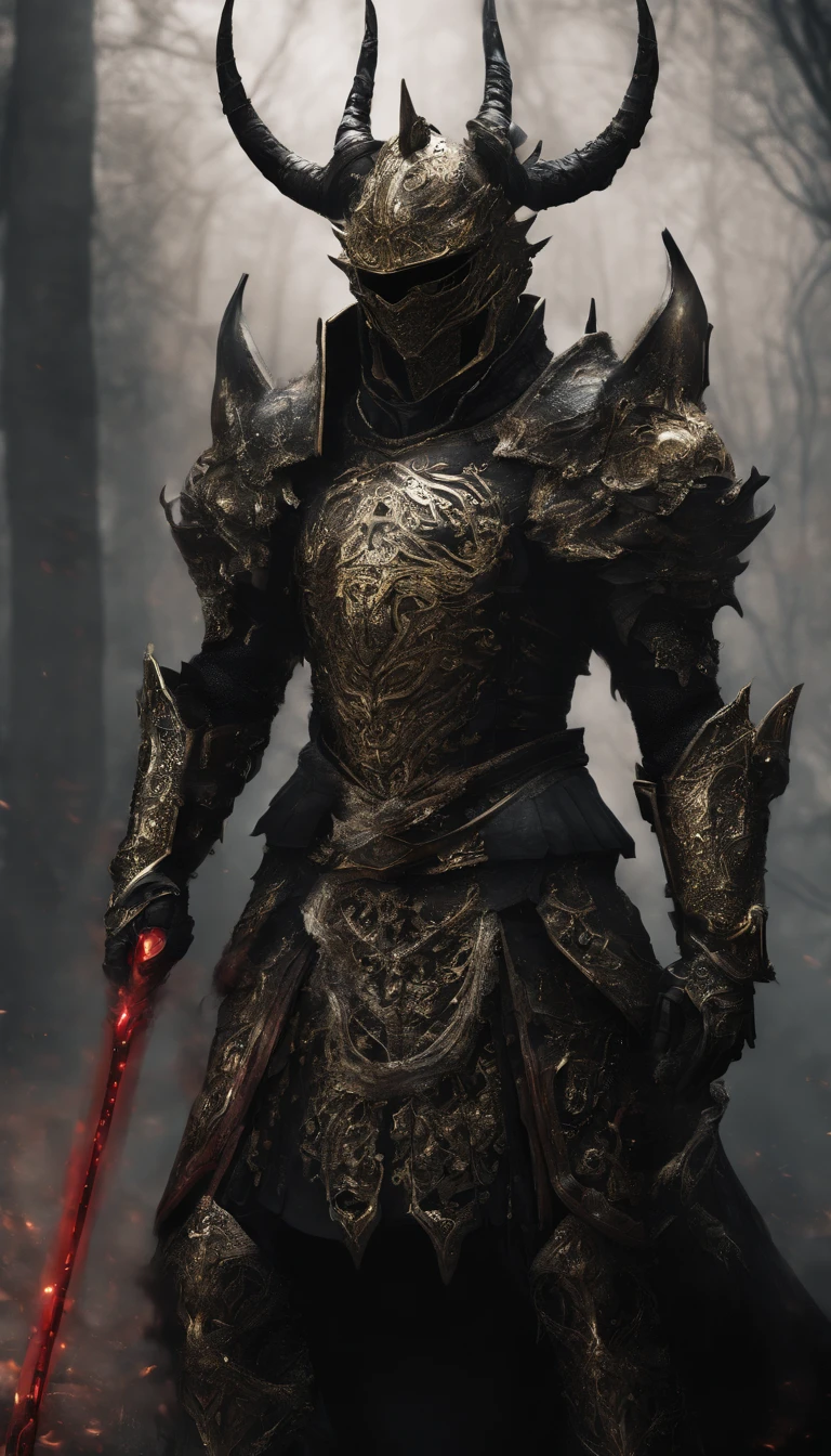 warrior, concept-art,  Fantasy art, battleground background, clean render, a horned, Wear a suit of armor, Detailed bushido form smoke, helmet of a forgotten deity, character is standing, 8k Realistic, in game render, detailed face background detail, Art station front page, taur, Pseudo-medieval fantasy, A deity wearing koi armor, detailed bronze armor, Bronze armor, golden etched armor, gold obsidian armor, Light gold armor, Gorgeous filigree armor, A demonic warrior, Gorgeous armor full of thorns, Intricate assasin armor, Intricate metal armor, powerful warrior, Dressed in gorgeous gold armor，Decorated with intricate patterns, The helmet has a large crown and two horns,Glowing red eyes， Everything is in the dark, The smoky background alludes to battle scenes, Add an ominous aura to his character，submission, Full body shot.