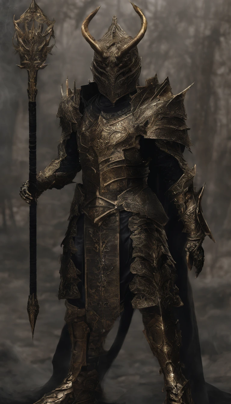 warrior, concept-art, Fantasy art, battleground background, clean render, a horned, Wear a suit of armor, Detailed bushido form smoke, helmet of a forgotten deity, character is standing, 8k Realistic, in game render, detailed face background detail, Art station front page, taur, Pseudo-medieval fantasy, A deity wearing koi armor, detailed bronze armor, Bronze armor, golden etched armor, gold obsidian armor, Light gold armor, Gorgeous filigree armor, A demonic warrior, Gorgeous armor full of thorns, Intricate assasin armor, Intricate metal armor, powerful warrior, Dressed in gorgeous gold armor,Decorated with intricate patterns, The helmet has a large crown and two horns,Glowing red eyes, Everything is in the dark, The smoky background alludes to battle scenes, Add an ominous aura to his character,submission, Full body shot.