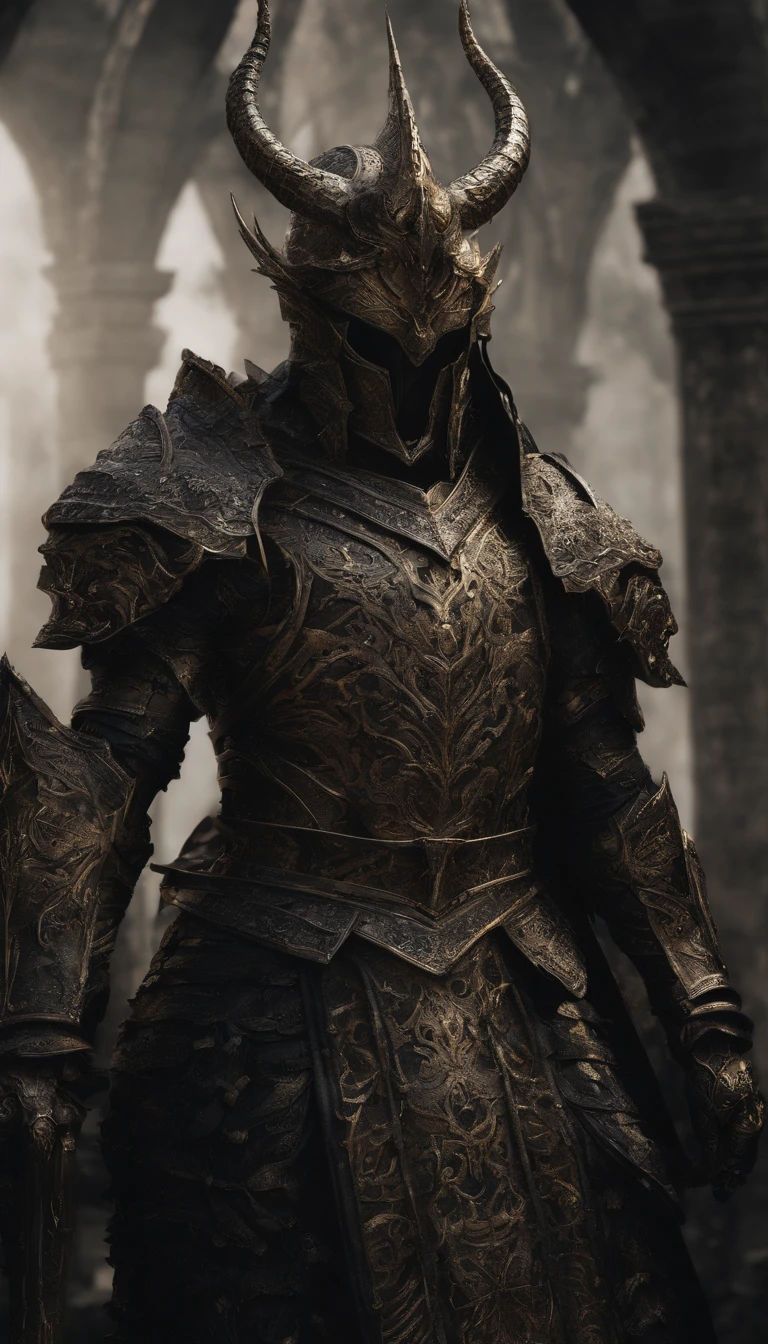 warrior, concept-art,  Fantasy art, battleground background, clean render, a horned, Wear a suit of armor, Detailed bushido form smoke, helmet of a forgotten deity, character is standing, 8k Realistic, in game render, detailed face background detail, Art station front page, taur, Pseudo-medieval fantasy, A deity wearing koi armor, detailed bronze armor, Bronze armor, golden etched armor, gold obsidian armor, Light gold armor, Gorgeous filigree armor, A demonic warrior, Gorgeous armor full of thorns, Intricate assasin armor, Intricate metal armor, powerful warrior, Dressed in gorgeous gold armor，Decorated with intricate patterns, The helmet has a large crown and two horns,Glowing red eyes， Everything is in the dark, The smoky background alludes to battle scenes, Add an ominous aura to his character，submission, Full body shot.