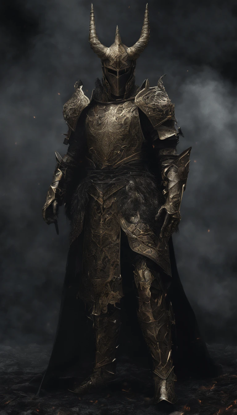 warrior, concept-art,  Fantasy art, battleground background, clean render, a horned, Wear a suit of armor, Detailed bushido form smoke, helmet of a forgotten deity, character is standing, 8k Realistic, in game render, detailed face background detail, Art station front page, taur, Pseudo-medieval fantasy, A deity wearing koi armor, detailed bronze armor, Bronze armor, golden etched armor, gold obsidian armor, Light gold armor, Gorgeous filigree armor, A demonic warrior, Gorgeous armor full of thorns, Intricate assasin armor, Intricate metal armor, powerful warrior, Dressed in gorgeous gold armor，Decorated with intricate patterns, The helmet has a large crown and two horns,Glowing red eyes， Everything is in the dark, The smoky background alludes to battle scenes, Add an ominous aura to his character，submission, Full body shot.