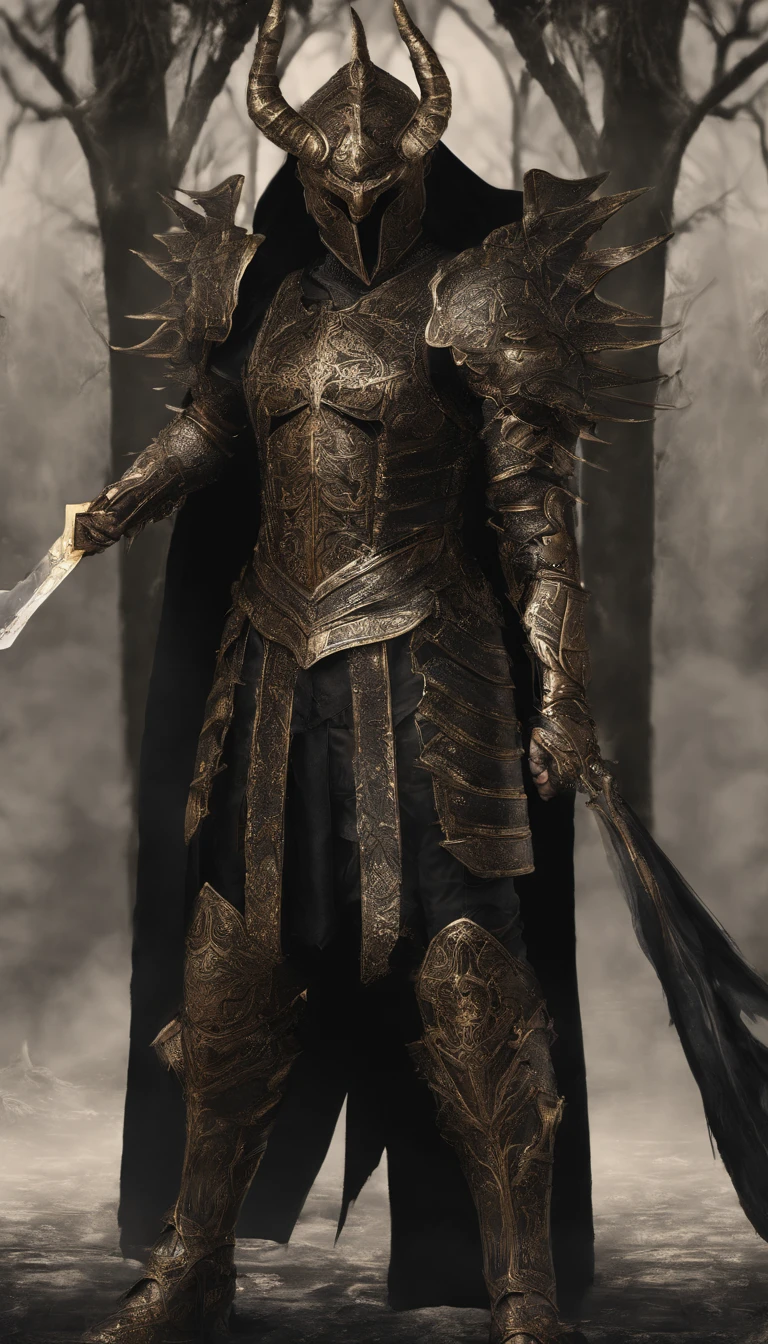 warrior, concept-art, Fantasy art, battleground background, clean render, a horned, Wear a suit of armor, Detailed bushido form smoke, helmet of a forgotten deity, character is standing, 8k Realistic, in game render, detailed face background detail, Art station front page, taur, Pseudo-medieval fantasy, A deity wearing koi armor, detailed bronze armor, Bronze armor, golden etched armor, gold obsidian armor, Light gold armor, Gorgeous filigree armor, A demonic warrior, Gorgeous armor full of thorns, Intricate assasin armor, Intricate metal armor, powerful warrior, Dressed in gorgeous gold armor,Decorated with intricate patterns, The helmet has a large crown and two horns,Glowing red eyes, Everything is in the dark, The smoky background alludes to battle scenes, Add an ominous aura to his character,submission, Full body shot.