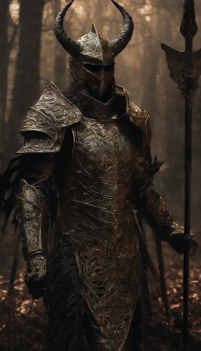 warrior, concept-art,  Fantasy art, battleground background, clean render, a horned, Wear a suit of armor, Detailed bushido form smoke, helmet of a forgotten deity, character is standing, 8k Realistic, in game render, detailed face background detail, Art station front page, taur, Pseudo-medieval fantasy, A deity wearing koi armor, detailed bronze armor, Bronze armor, golden etched armor, gold obsidian armor, Light gold armor, Gorgeous filigree armor, A demonic warrior, Gorgeous armor full of thorns, Intricate assasin armor, Intricate metal armor, powerful warrior, Dressed in gorgeous gold armor，Decorated with intricate patterns, The helmet has a large crown and two horns,Glowing red eyes， Everything is in the dark, The smoky background alludes to battle scenes, Add an ominous aura to his character，submission, Full body shot.