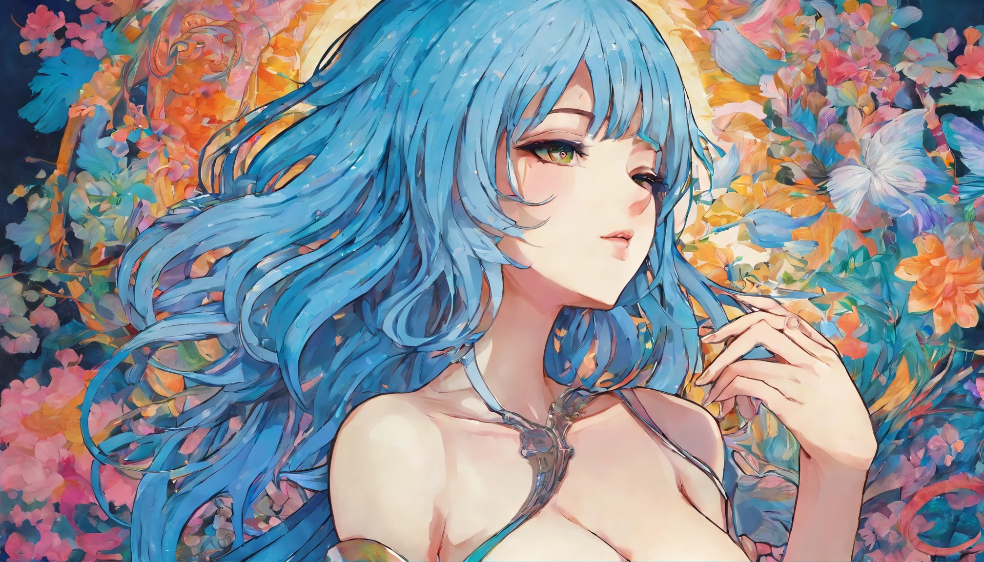 (best quality,highres,ultra-detailed),a beautiful woman with blue hair wearing a tight-fitting dress, large breasts with visible cleavage and her underwear is visible, holding a male sex organ in one hand, vibrant colors, soft lighting, erotic art style