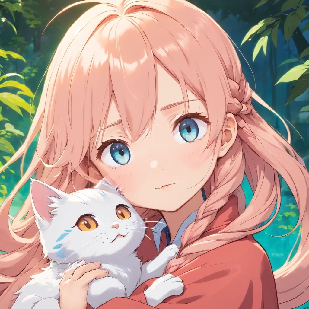 MALE, asian baby BOY, beautiful BOY, extremely long silky peach-colored hair intermixes with a lot of loose braids, super long bang that can nearly cover all the face, the tail of the hair has peacock's tail pattern, elf ears, dark pink sharp cat-eyes with light blue shade, white eye's pupils, soft and thin lips, white and soft skin