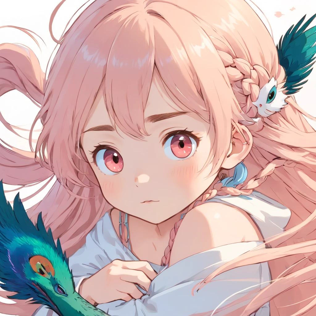 MALE, asian baby BOY, beautiful BOY, extremely long silky peach-colored hair intermixes with a lot of loose braids, super long bang that can nearly cover all the face, the tail of the hair has peacock's tail pattern, elf ears, dark pink sharp cat-eyes with light blue shade, white eye's pupils, soft and thin lips, white and soft skin