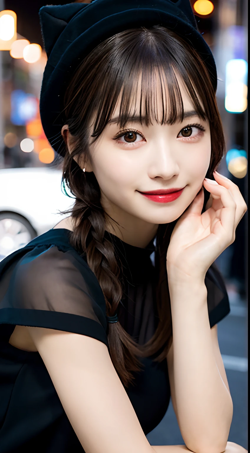 high quality, best quality, masterpiece, extremely fine and beautiful and detailed, professional photograph, appropriate lighting,
extremely beautiful girl, beautiful face, face tattoo,
halloween costume, black short dress, black witch hat, orange accessories,
smile, laughing, blushed cheeks, (slender, pale skin,:0.8)
very straight medium hair with single braid,
(bokeh, dynamic angle, city, on street, midnight, Shibuya,:0.8)