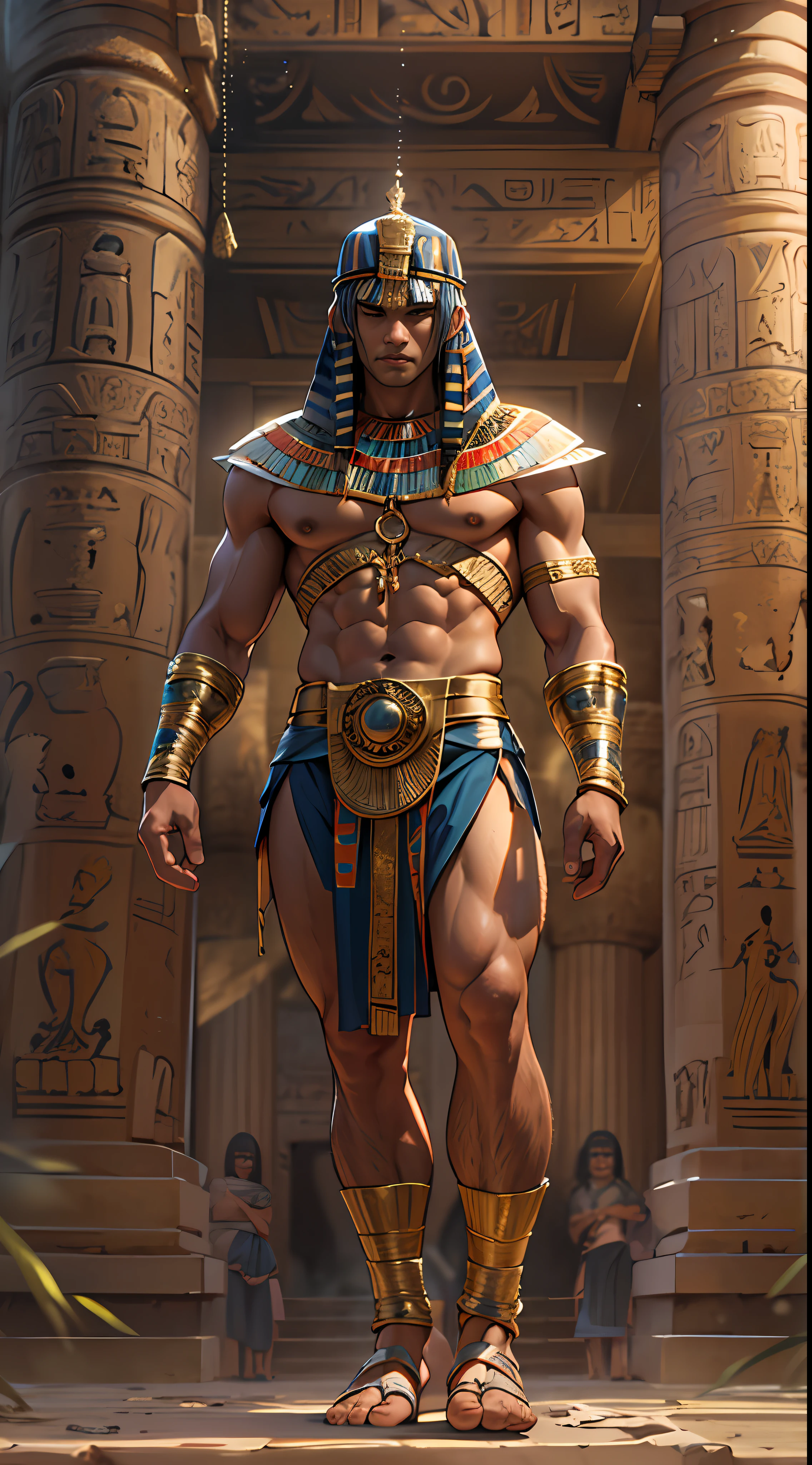 Powerful warrior, chest bared, lower body uncovered from thighs to feet, luxuriant long curls, meticulous muscle definition, photorealistic rendering, 4K resolution. Background: Ancient Egyptian temple complex,32k uhd, best quality, masterpiece, super detail, high details