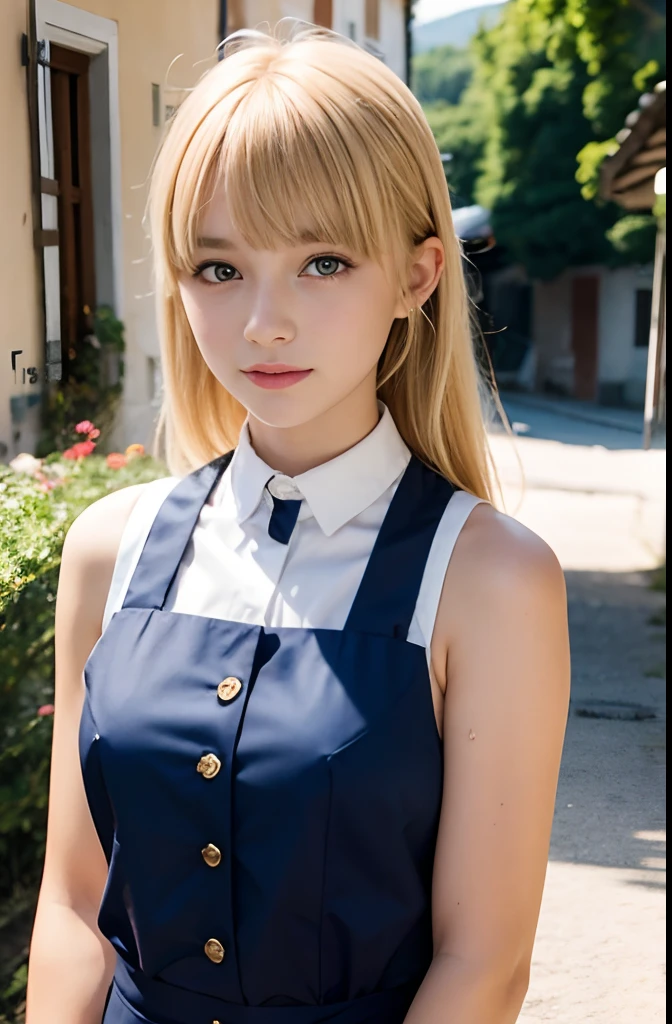 A girl,,sleeveless waitress,european countryside,blonde,bangs bangs,pretty face