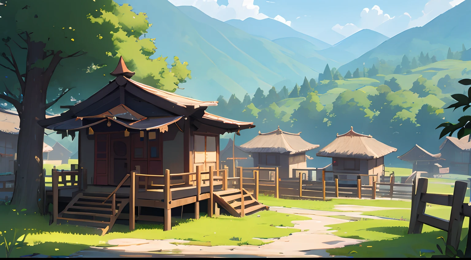 The weather is sunny,A Zhuang village,There are mountains and waters,Children's fairy tale books、Children's stories,Pubic area is clear