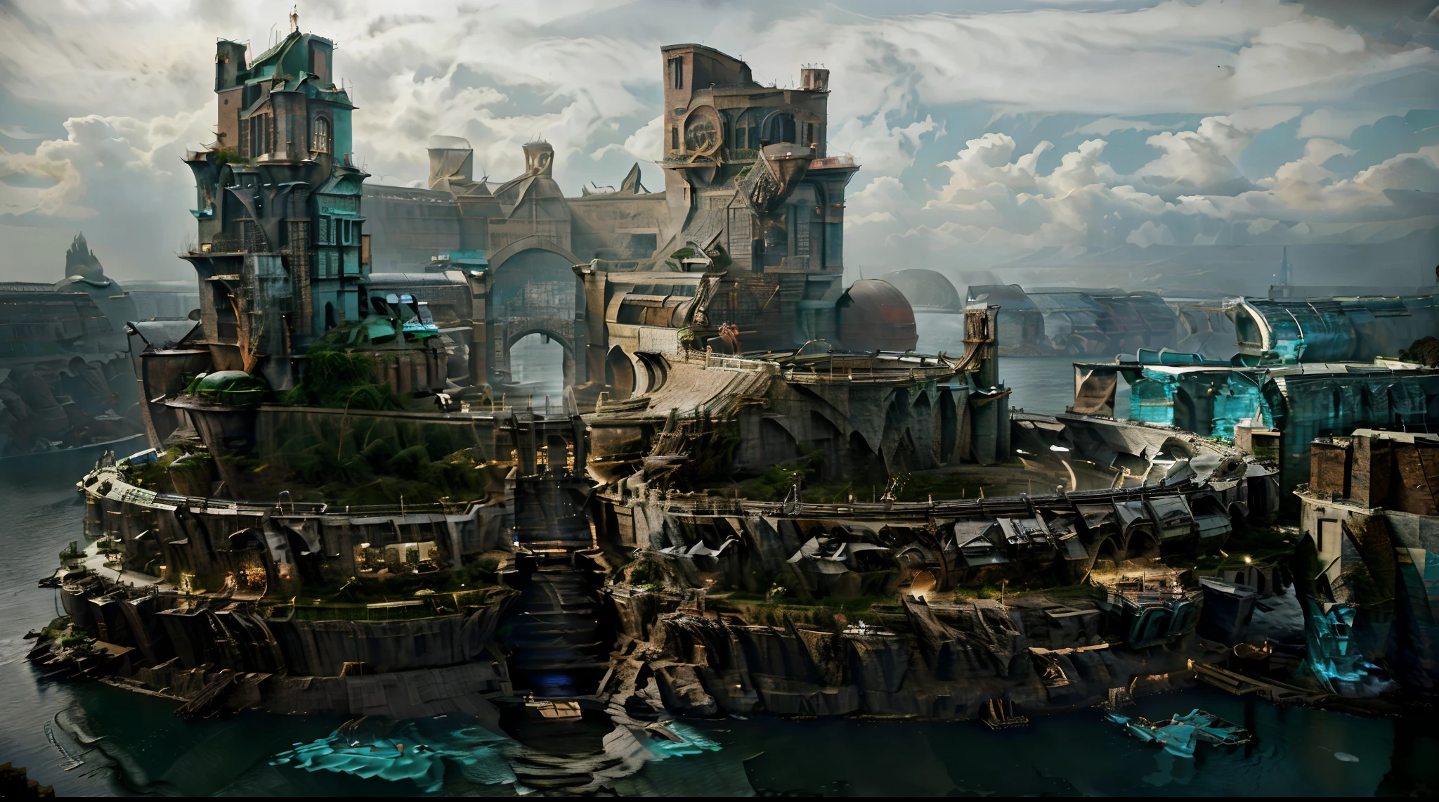 Araf Castle on a cliff overlooking the water body, Floating palace, big and structured valhalla city, Epic Matte Painting of the Island, The Lost City of Atlantis, Huge floating castle, The Lost City of Atlantis, City of Atlantis, Exquisite matte painting, extravagant matte painting, Fantasy architecture, City of Atlantis, Atlantis City Realism, Photorealistic, a photo of, a photo of (medium), realisitic, moody lighting, Volumetric lighting, Realistic ray tracing, 8K, HDR, UHD, Masterpiece, Highest Quality, The ultra-detailliert, high resolucion, delicate detail, The ultra-detailliert, The ultra-detailliert, wall paper