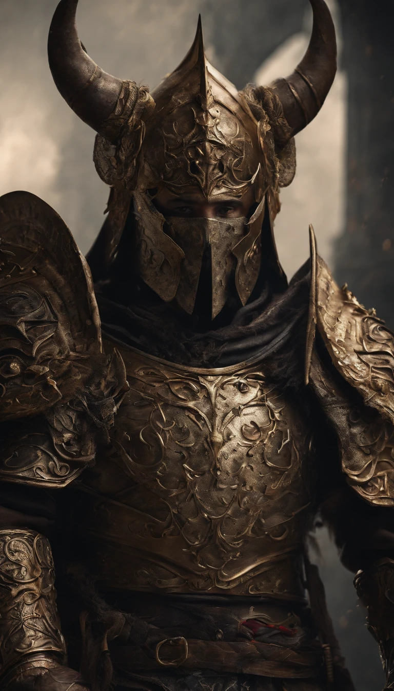 warrior, concept-art, Fantasy art, battleground background, clean render, a horned, Wear a suit of armor, Detailed bushido form smoke, helmet of a forgotten deity, character is standing, 8k Realistic, in game render, detailed face background detail, Art station front page, taur, Pseudo-medieval fantasy, A deity wearing koi armor, detailed bronze armor, Bronze armor, golden etched armor, gold obsidian armor, Light gold armor, Gorgeous filigree armor, A demonic warrior, Gorgeous armor full of thorns, Intricate assasin armor, Intricate metal armor, powerful warrior, Dressed in gorgeous gold armor,Decorated with intricate patterns, The helmet has a large crown and two horns,Glowing red eyes, Everything is in the dark, The smoky background alludes to battle scenes, Add an ominous aura to his character,submission, Full body shot.