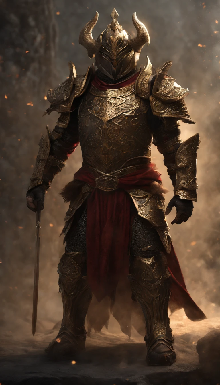 warrior, concept-art,  Fantasy art, battleground background, clean render, a horned, Wear a suit of armor, Detailed bushido form smoke, helmet of a forgotten deity, character is standing, 8k Realistic, in game render, detailed face background detail, Art station front page, taur, Pseudo-medieval fantasy, A deity wearing koi armor, detailed bronze armor, Bronze armor, golden etched armor, gold obsidian armor, Light gold armor, Gorgeous filigree armor, A demonic warrior, Gorgeous armor full of thorns, Intricate assasin armor, Intricate metal armor, powerful warrior, Dressed in gorgeous gold armor，Decorated with intricate patterns, The helmet has a large crown and two horns,Glowing red eyes， Everything is in the dark, The smoky background alludes to battle scenes, Add an ominous aura to his character，submission, Full body shot.