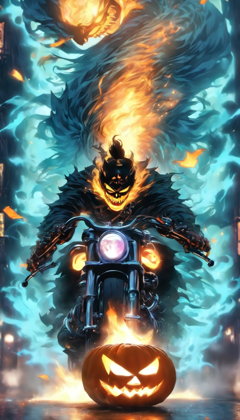 China-style,中景 the scene is,The Taoist priest stood in front of the huge roaring evil spirit,blue colors,Stretch your hands,Long messy hair,Glow effects,Hyper-realistic,Ultra photo realsisim,Chinese black and white ink style,Silver,Decolorization,Smudge,ink,8K,super-fine,high qulity,The OC renderer is the best quality, Masterpiece, 超高分辨率, (Photorealistic:1.4), RAW photo, (Perfect body shape), (Slim:1.2), Close-up of a man on a motorcycle,Pumpkin on top, Ghost Rider, halloween art style, halloween theme, motorcycle concept art, background artwork, Motorcycles, biker, halloween atmosphere, halloween night, Halloween, jack - o'- lantern, halloween scene, spooky halloween theme, heavy metal art style, halloween celebration, harley davidson, 《Dark Bloods》Halloween-themed dynamic poses, Plaid mini skirt, In the dark, Night, On the street, deepshadow, low tune, Cold light 12000K