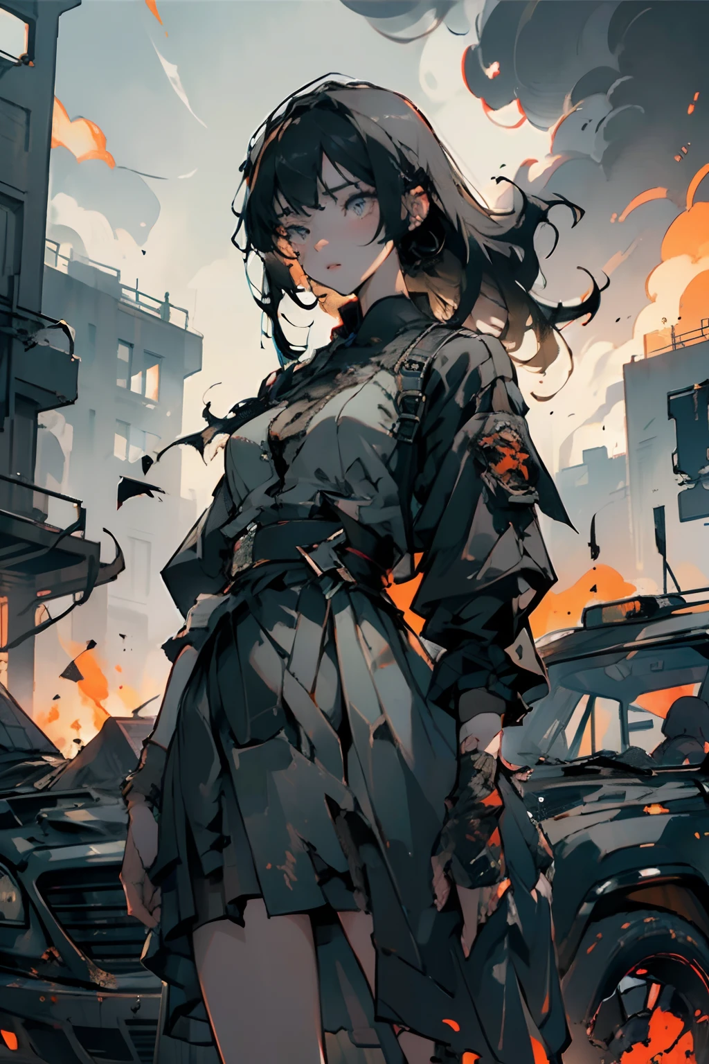 (best quality, ultra-detailed, realistic:1.37) (1 girl) standing on the roof of a car, wearing a torn and dirty dress, with beautiful detailed eyes and face, long eyelashes, and beautiful detailed lips, gazes at a completely destroyed city in the distance. The city is in ruins, with collapsed buildings, crumbling infrastructure, and smoke rising from the wreckage. The girl's expression shows a mix of sadness, awe, and determination. The car beneath her is damaged and weathered, covered in dust and rust. The sky above is dark and gloomy, with heavy clouds that hint at an impending storm. The surrounding landscape is desolate, with debris scattered around and remnants of a once-thriving urban area. The point of view is from below, capturing the girl as a powerful and resilient figure against the backdrop of devastation. The scene is bathed in a somber color palette, with muted tones accentuating the grim atmosphere. The lighting is dim, casting long shadows and highlighting the girl's silhouetted figure against the destruction.