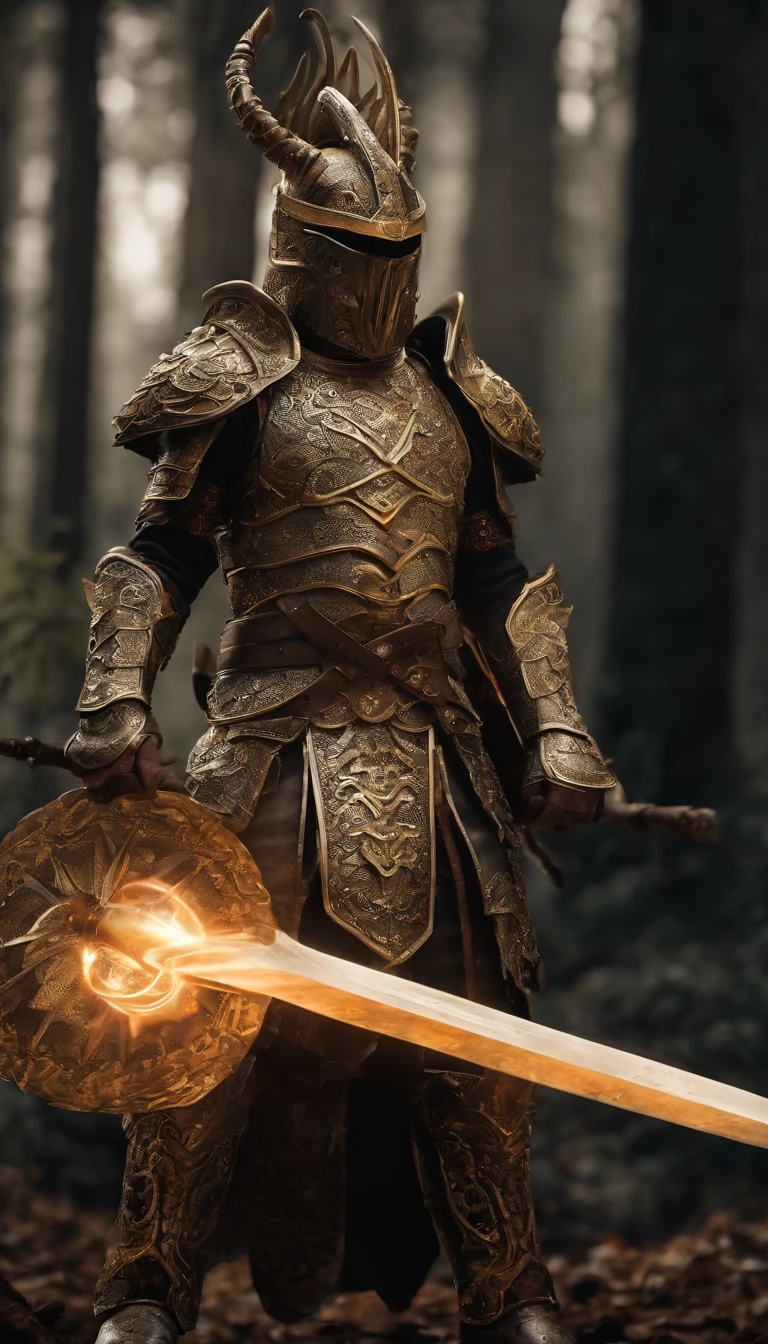 warrior, concept-art, Fantasy art, battleground background, clean render, a horned, Wear a suit of armor, Detailed bushido form smoke, helmet of a forgotten deity, character is standing, 8k Realistic, in game render, detailed face background detail, Art station front page, taur, Pseudo-medieval fantasy, A deity wearing koi armor, detailed bronze armor, Bronze armor, golden etched armor, gold obsidian armor, Light gold armor, Gorgeous filigree armor, A demonic warrior, Gorgeous armor full of thorns, Intricate assasin armor, Intricate metal armor, powerful warrior, Dressed in gorgeous gold armor,Decorated with intricate patterns, The helmet has a large crown and two horns,Glowing red eyes, Everything is in the dark, The smoky background alludes to battle scenes, Add an ominous aura to his character,submission, Full body shot.