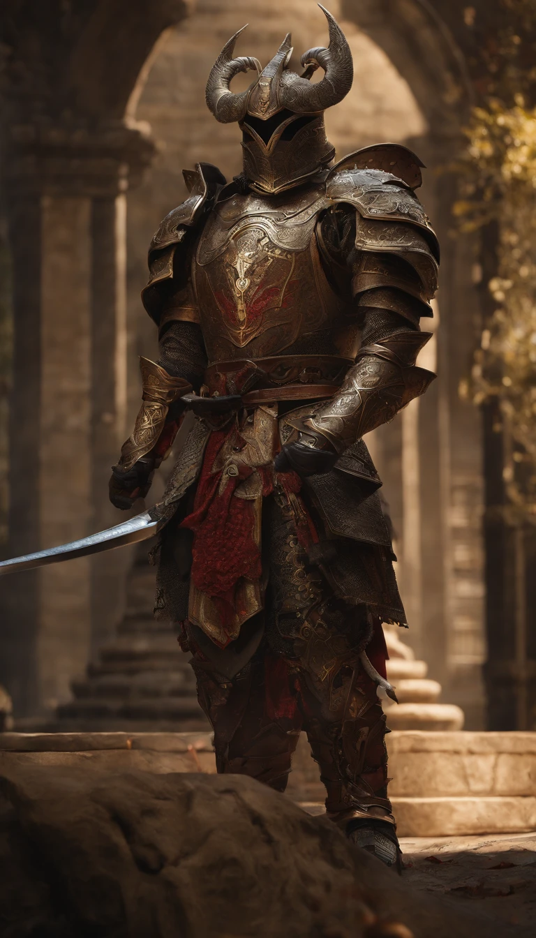 warrior, concept-art,  Fantasy art, battleground background, clean render, a horned, Wear a suit of armor, Detailed bushido form smoke, helmet of a forgotten deity, character is standing, 8k Realistic, in game render, detailed face background detail, Art station front page, taur, Pseudo-medieval fantasy, A deity wearing koi armor, detailed bronze armor, Bronze armor, golden etched armor, gold obsidian armor, Light gold armor, Gorgeous filigree armor, A demonic warrior, Gorgeous armor full of thorns, Intricate assasin armor, Intricate metal armor, powerful warrior, Dressed in gorgeous gold armor，Decorated with intricate patterns, The helmet has a large crown and two horns,Glowing red eyes， Everything is in the dark, The smoky background alludes to battle scenes, Add an ominous aura to his character，submission, Full body shot.