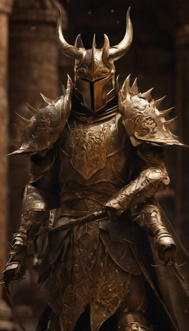 warrior, concept-art, Fantasy art, battleground background, clean render, a horned, Wear a suit of armor, Detailed bushido form smoke, helmet of a forgotten deity, character is standing, 8k Realistic, in game render, detailed face background detail, Art station front page, taur, Pseudo-medieval fantasy, A deity wearing koi armor, detailed bronze armor, Bronze armor, golden etched armor, gold obsidian armor, Light gold armor, Gorgeous filigree armor, A demonic warrior, Gorgeous armor full of thorns, Intricate assasin armor, Intricate metal armor, powerful warrior, Dressed in gorgeous gold armor,Decorated with intricate patterns, The helmet has a large crown and two horns,Glowing red eyes, Everything is in the dark, The smoky background alludes to battle scenes, Add an ominous aura to his character,submission, Full body shot.