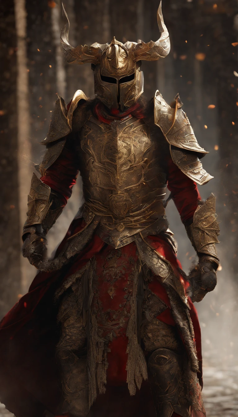 warrior, concept-art, Fantasy art, battleground background, clean render, a horned, Wear a suit of armor, Detailed bushido form smoke, helmet of a forgotten deity, character is standing, 8k Realistic, in game render, detailed face background detail, Art station front page, taur, Pseudo-medieval fantasy, A deity wearing koi armor, detailed bronze armor, Bronze armor, golden etched armor, gold obsidian armor, Light gold armor, Gorgeous filigree armor, A demonic warrior, Gorgeous armor full of thorns, Intricate assasin armor, Intricate metal armor, powerful warrior, Dressed in gorgeous gold armor,Decorated with intricate patterns, The helmet has a large crown and two horns,Glowing red eyes, Everything is in the dark, The smoky background alludes to battle scenes, Add an ominous aura to his character,submission, Full body shot.