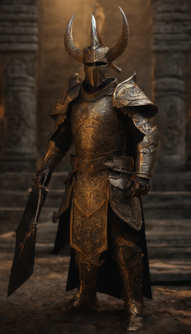 warrior, concept-art,  Fantasy art, battleground background, clean render, a horned, Wear a suit of armor, Detailed bushido form smoke, helmet of a forgotten deity, character is standing, 8k Realistic, in game render, detailed face background detail, Art station front page, taur, Pseudo-medieval fantasy, A deity wearing koi armor, detailed bronze armor, Bronze armor, golden etched armor, gold obsidian armor, Light gold armor, Gorgeous filigree armor, A demonic warrior, Gorgeous armor full of thorns, Intricate assasin armor, Intricate metal armor, powerful warrior, Dressed in gorgeous gold armor，Decorated with intricate patterns, The helmet has a large crown and two horns,Glowing red eyes， Everything is in the dark, The smoky background alludes to battle scenes, Add an ominous aura to his character，submission, Full body shot.