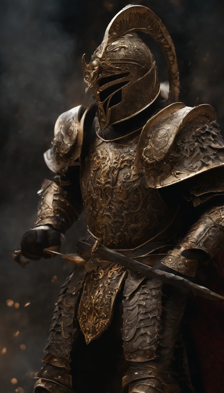 warrior, concept-art,  Fantasy art, battleground background, clean render, a horned, Wear a suit of armor, Detailed bushido form smoke, helmet of a forgotten deity, character is standing, 8k Realistic, in game render, detailed face background detail, Art station front page, taur, Pseudo-medieval fantasy, A deity wearing koi armor, detailed bronze armor, Bronze armor, golden etched armor, gold obsidian armor, Light gold armor, Gorgeous filigree armor, A demonic warrior, Gorgeous armor full of thorns, Intricate assasin armor, Intricate metal armor, powerful warrior, Dressed in gorgeous gold armor，Decorated with intricate patterns, The helmet has a large crown and two horns,Glowing red eyes， Everything is in the dark, The smoky background alludes to battle scenes, Add an ominous aura to his character，submission, Full body shot.