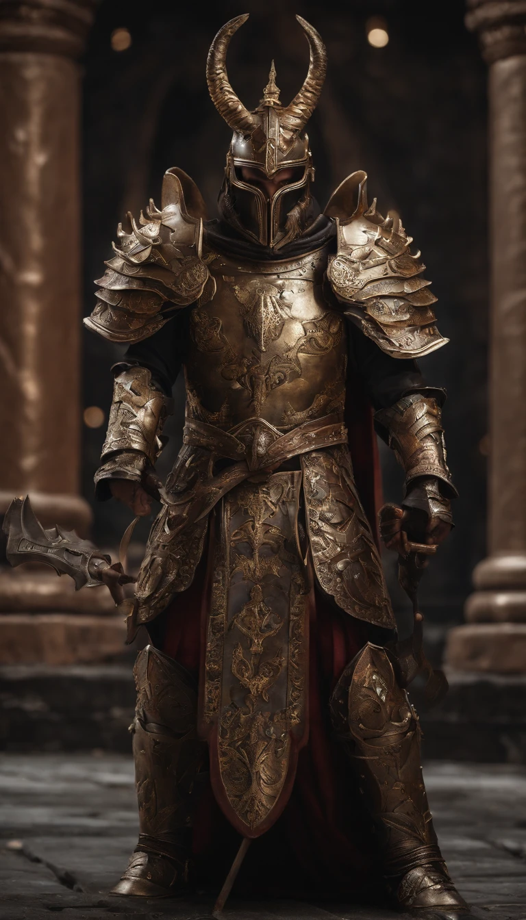 warrior, concept-art,  Fantasy art, battleground background, clean render, a horned, Wear a suit of armor, Detailed bushido form smoke, helmet of a forgotten deity, character is standing, 8k Realistic, in game render, detailed face background detail, Art station front page, taur, Pseudo-medieval fantasy, A deity wearing koi armor, detailed bronze armor, Bronze armor, golden etched armor, gold obsidian armor, Light gold armor, Gorgeous filigree armor, A demonic warrior, Gorgeous armor full of thorns, Intricate assasin armor, Intricate metal armor, powerful warrior, Dressed in gorgeous gold armor，Decorated with intricate patterns, The helmet has a large crown and two horns,Glowing red eyes， Everything is in the dark, The smoky background alludes to battle scenes, Add an ominous aura to his character，submission, Full body shot.
