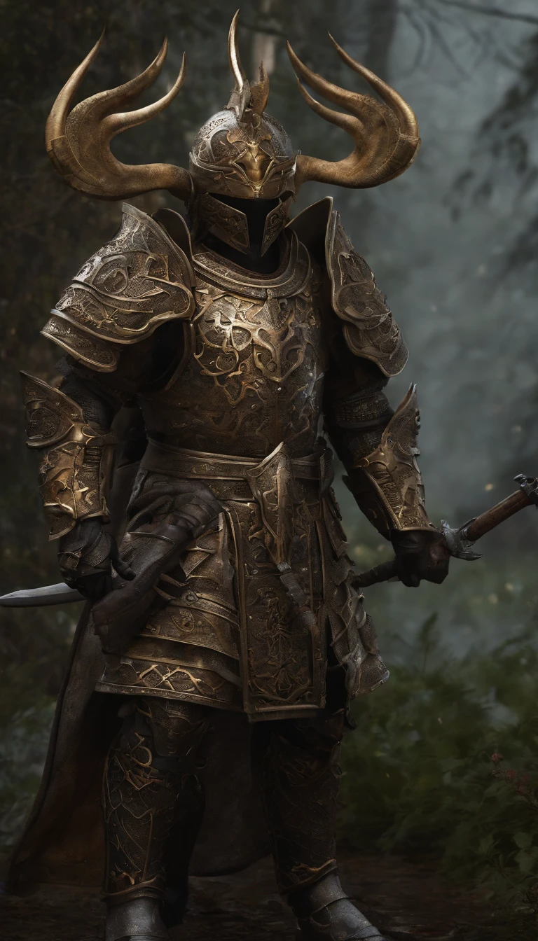 warrior, concept-art, Fantasy art, battleground background, clean render, a horned, Wear a suit of armor, Detailed bushido form smoke, helmet of a forgotten deity, character is standing, 8k Realistic, in game render, detailed face background detail, Art station front page, taur, Pseudo-medieval fantasy, A deity wearing koi armor, detailed bronze armor, Bronze armor, golden etched armor, gold obsidian armor, Light gold armor, Gorgeous filigree armor, A demonic warrior, Gorgeous armor full of thorns, Intricate assasin armor, Intricate metal armor, powerful warrior, Dressed in gorgeous gold armor,Decorated with intricate patterns, The helmet has a large crown and two horns,Glowing red eyes, Everything is in the dark, The smoky background alludes to battle scenes, Add an ominous aura to his character,submission, Full body shot.
