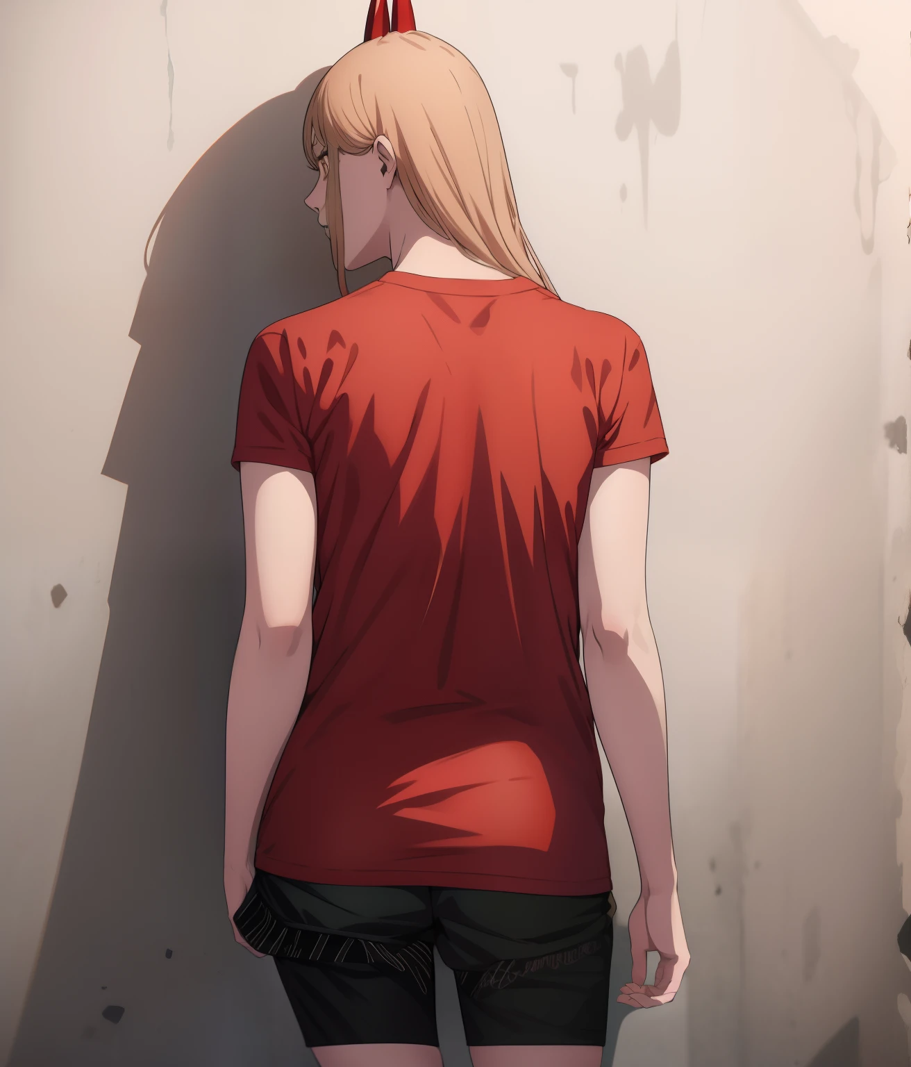 power_chainsawman, power_csm, blonde hair, yellow eyes, cross-shaped pupils, symbol-shaped pupils, red horns, sharp teeth, long bangs, 1girl, solo, Black T shirt, black shirt, T-shirt, loose shirt, Black Slacks pants, standing on her back, open pose, facing back, back face, upper body, eye level, concrete wall background, plain concrete wall background, photoshoot, best quality, ultra detailed, beautiful, masterpiece, best quality