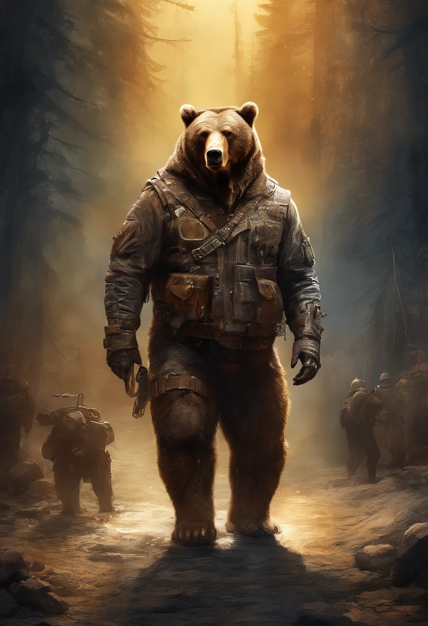 top-quality, Dramatic Lighting, menacing pose, fierce look, epic atmosphere, (((Helmet in the shape of a bear's head))), (((Full body shot))),Metal bear, cyborgs, Cyberpunk style, Clockwork, ((Intricate details)), nffsw, ((Intricate details, hyperdetails)), incandescent lamps, cinematic shot, Vignette, bokeh effect beckground, (dogy), (Full body shot).A very big and fat bear