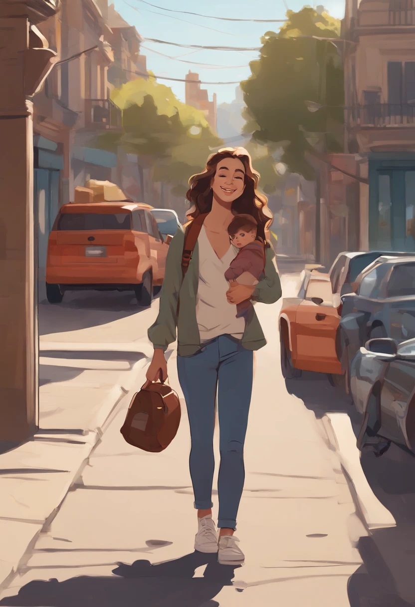 A -yeld giwalking down the street with a little ba her arms in a fanny pack, The baby looks at her smiling while she looks at him fondly. The street is full of cars and in the background you can see a school. Dibujado de alta calidad, estilo anime.