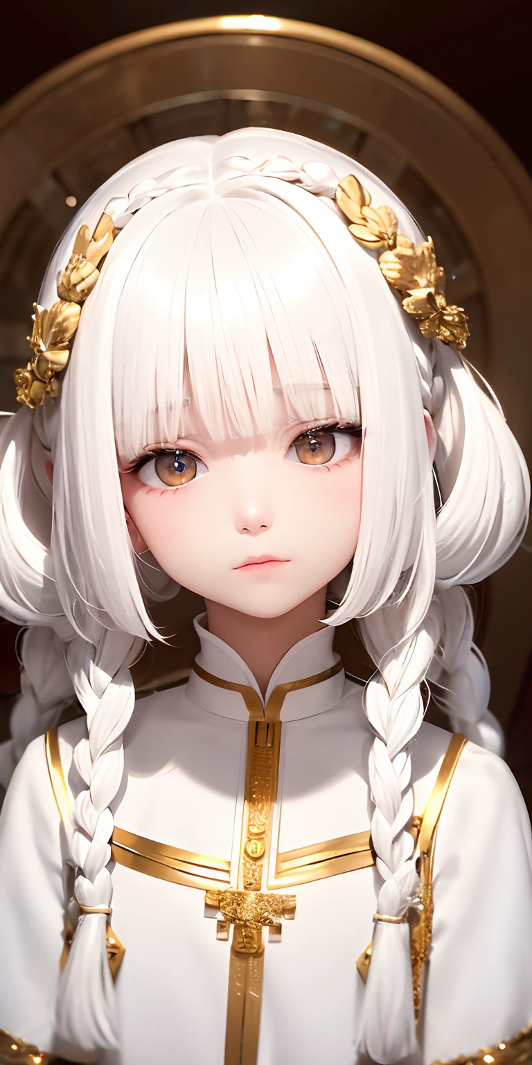 best quality, masterpiece,white hair, gold eyes,white clothes, looking up, upper body,hair strand,Fair skin,side braids