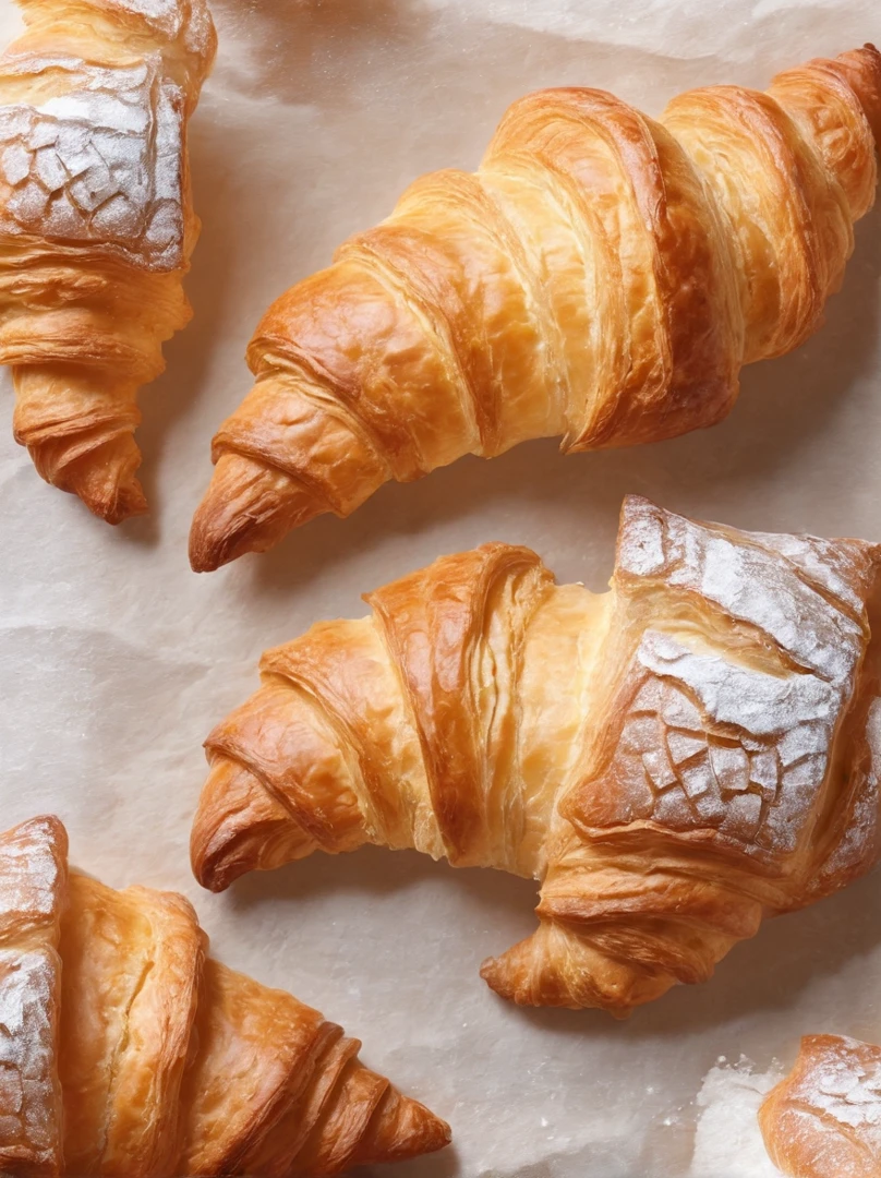 zoom out, An exquisite, freshly baked croissant, its golden, flaky layers glistening with a light buttery sheen.