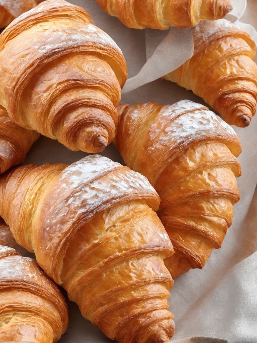 zoom out, An exquisite, freshly baked croissant, its golden, flaky layers glistening with a light buttery sheen.