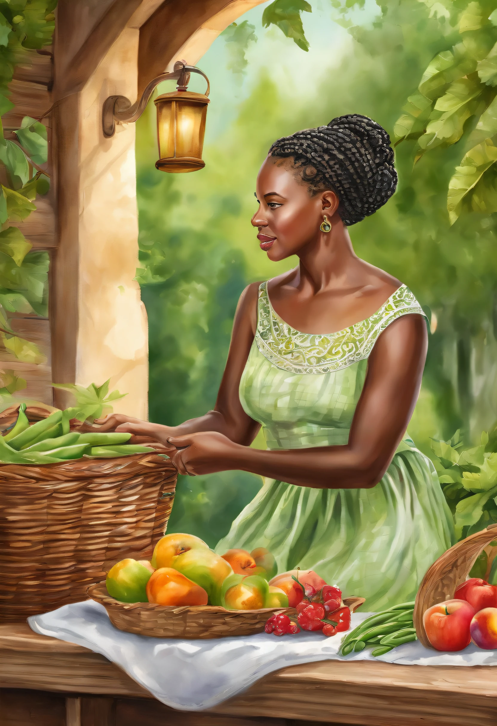 (((masterpiece))), (best quality), ultra-detailed, CG 8k illustration, (young black girl with braided hair, green eyes), beautiful dress, farm interior, wooden bench, bowl, white ceramic cups, fresh Green Beans, picnic basket, green trees in the distance, soft natural lighting.