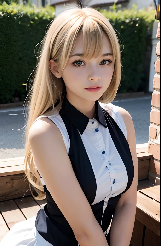 A girl,16 year old,sleeveless waitress,european countryside,blonde,bangs bangs,pretty face