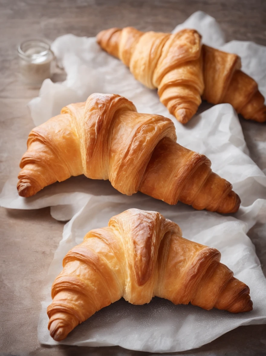 An exquisite, freshly baked croissant in the table, its golden, flaky layers glistening with a light buttery sheen.