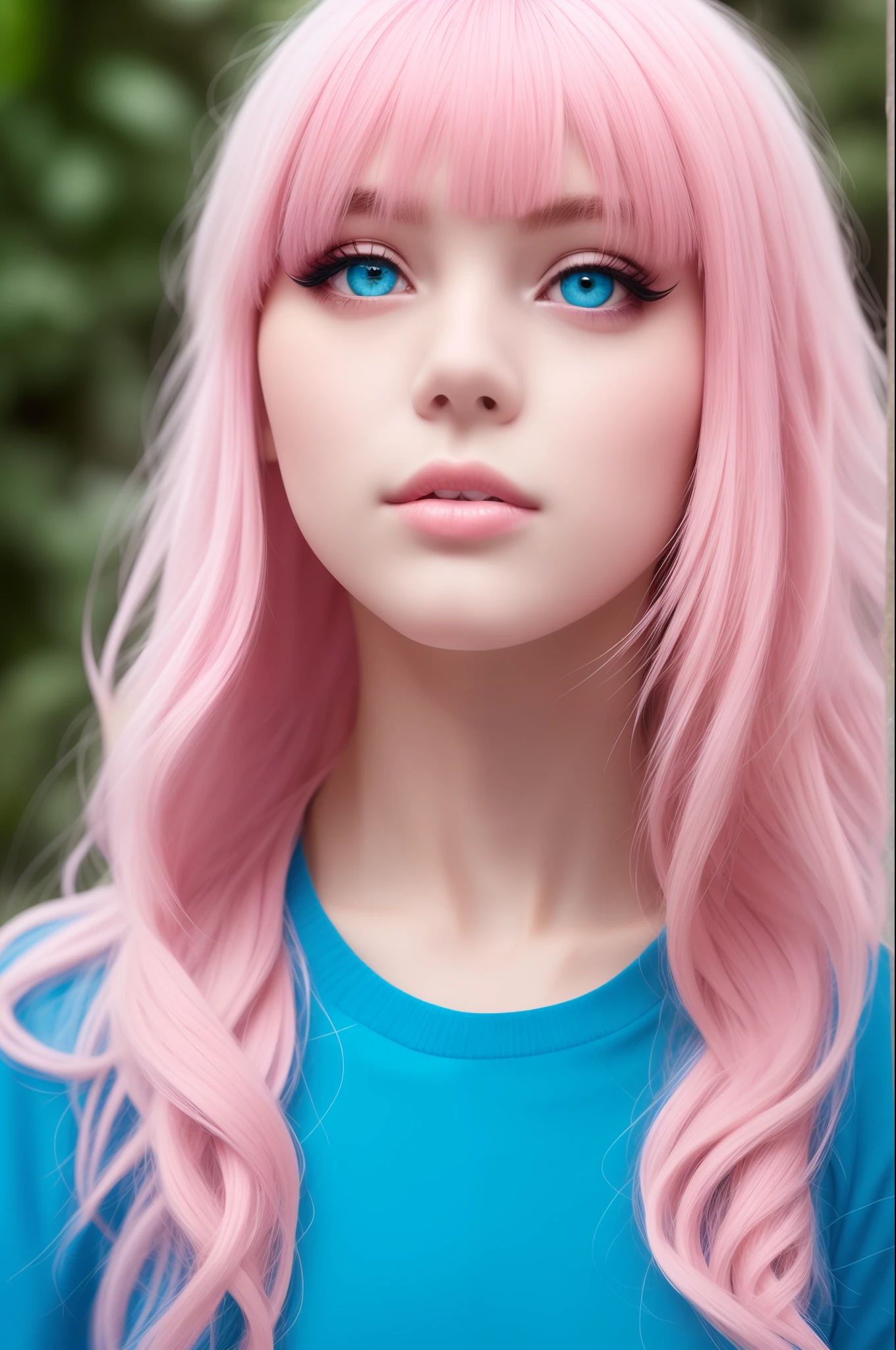 Girl, pink hair, blue wear, eyes blue